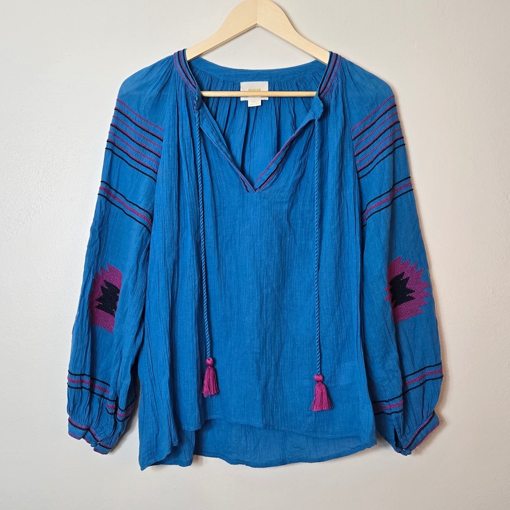 Maeve Anthropologie Blue Embroidered Peasant Blouse Tassel V-Neck Cotton Small